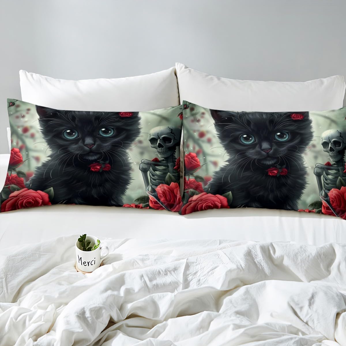 Wild Cat Bed Sheet Set King,Vintage Halloween Skull Skeleton Red Roses Soft Microfiber Sheet Set,Cute Cat Black Print Rustic Farmhouse Style Fitted Sheet + Flat Sheet + 2 Pillow Cases