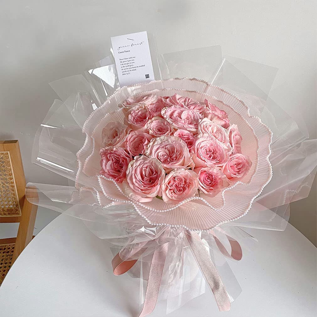 Flower Wrapping Paper Bouquet Floral Packaging Mesh Wrap Roll Korean Bouquet Wrapping Net Yarn Wrinkle Waves Paper Valentine's Day Flower Shop Supplies 5 yards pink