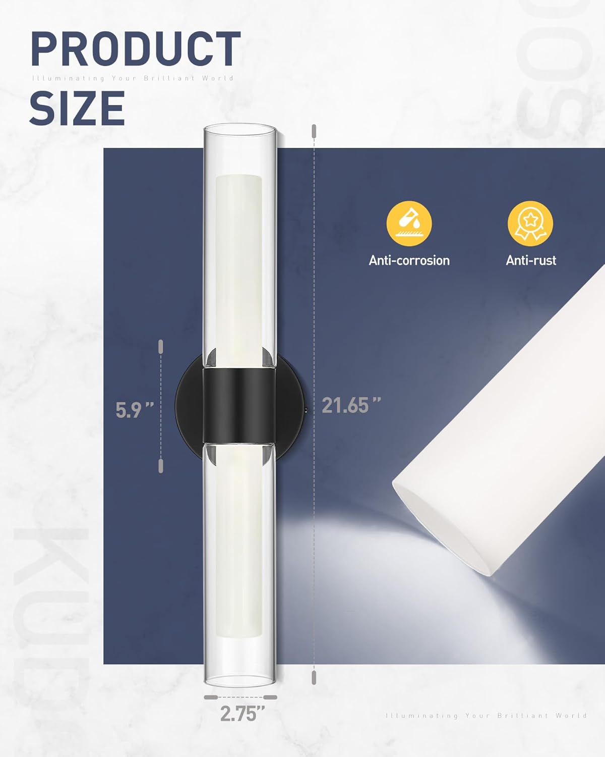 kudos Black Modern Sconces Wall Lighting, Wall Sconces with Clear Glass and Frosted Glass, Modern LED Vanity Light for Bathroom, 3000K/4500K/6000K Adjustable,KDVL06-BK-2