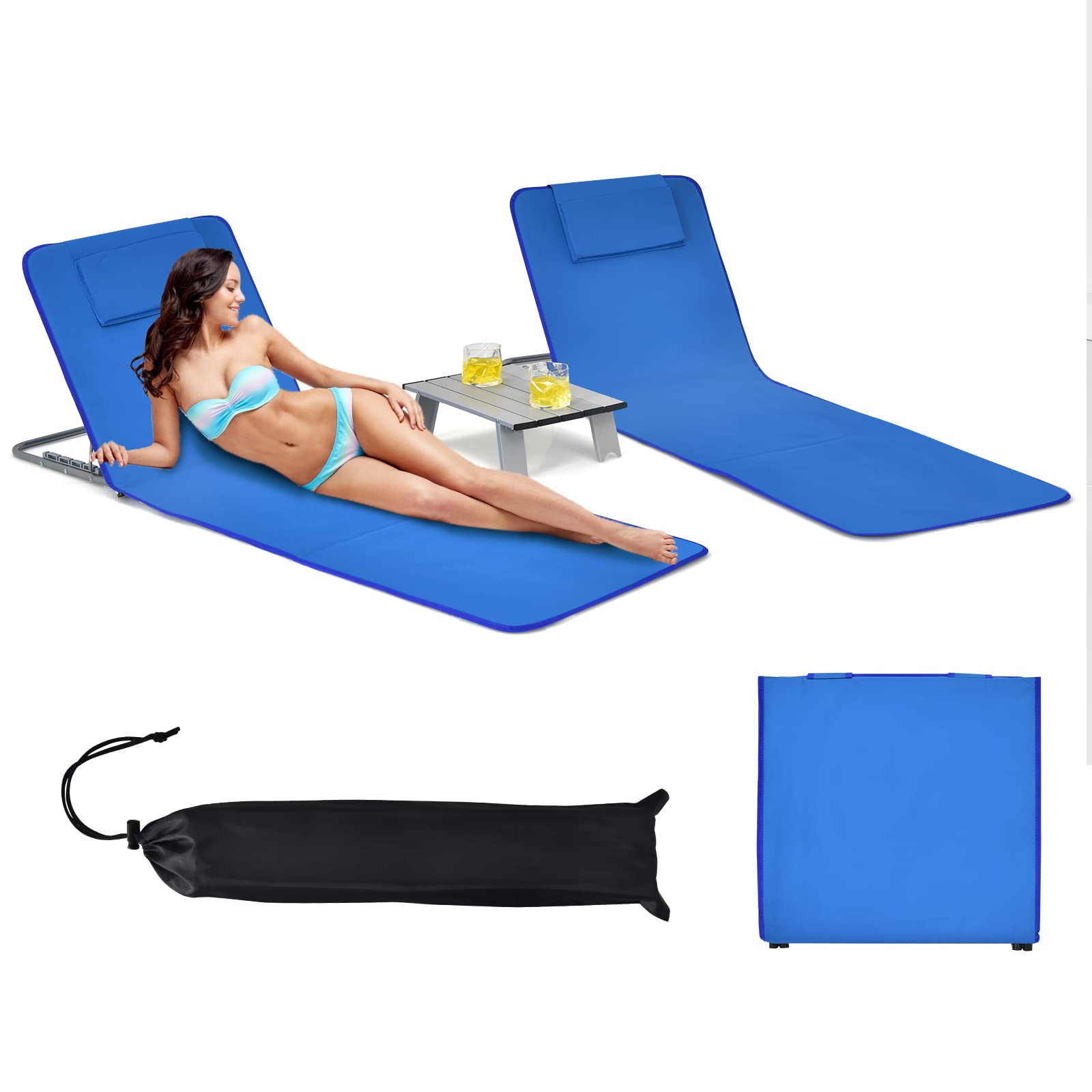 GOPLUS 2PCS Matelas de Plage Réglable à 5 Positions avec Table Basse, 2 Tapis de Plage avec Appuie-têtes, Table d’Appoint Portable, Conception Pliable, Idéal pour Patio, Piscine, Terrasse (Bleu)