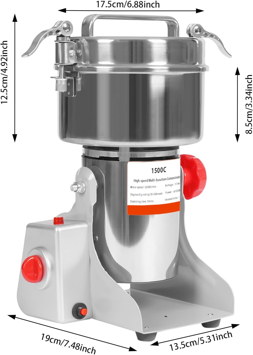 5000W Electric Grain Grinder, 1500g High Speed Multi-function Dry Food Mill with a filter, Stainless Steel Grain Grinding Machine with 180° Tilt for Grains Herbs Spices, Commercial & Home Use (1500g)
