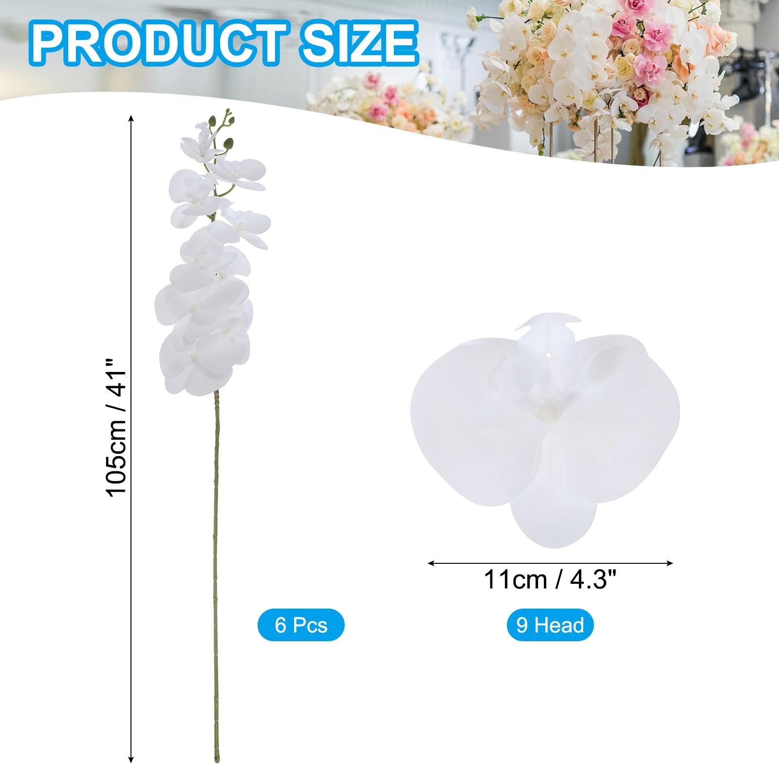 PATIKIL Tallos De Orquídea Artificial 41", Paquete De 6 con 9 Cabezas Flores Falsas Phalaenopsis con Tacto Real Rama De Orquídea Falsa para Jarrón Decoración De Hogar Y Bodas, Blanco
