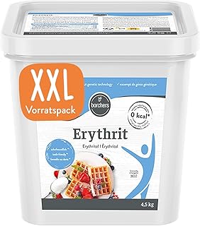 BORCHERS Erythrit, Kristalline Streusüße 4,5kg, Tafelsüße, weniger süß, kalorienfrei & zuckerfrei, Zuckerersatz, Süßungsmittel, Zuckeralternative, XXL Vorteilspack im Eimer