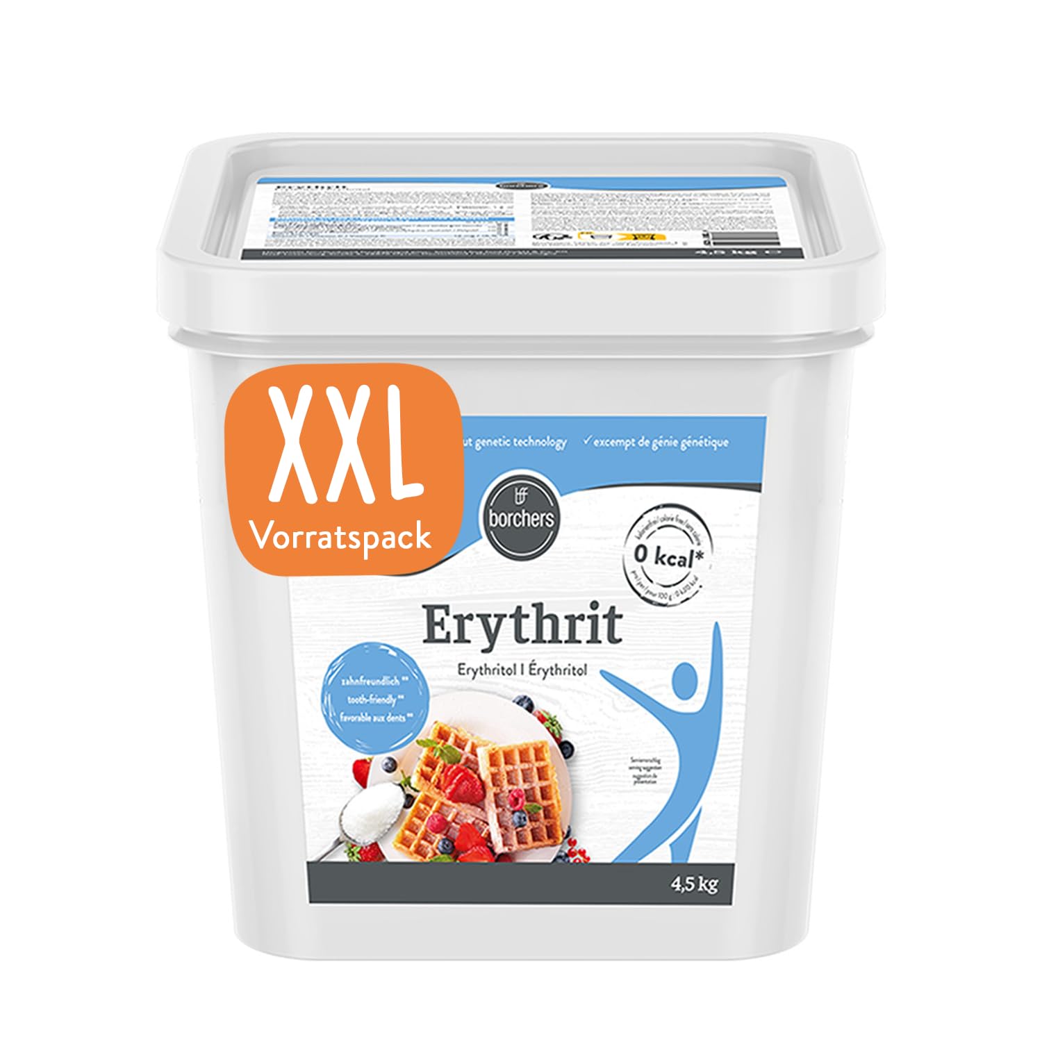 BORCHERS Erythrit, Kristalline Streusüße 4,5kg, Tafelsüße, weniger süß, kalorienfrei & zuckerfrei, Zuckerersatz, Süßungsmittel, Zuckeralternative, XXL Vorteilspack im Eimer