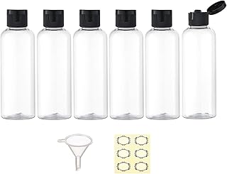 Apstaqeoo 6PCS 100ML Plastic Travel Bottles with Flip Cap Empty Squeeze Bottles Transparent Refillable Travel Container with 1 Funnel & 6 Label TSA Approved for Liquid Lotion Toiletries Cosmetic