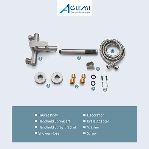 Miniatura 9 de Aolemi Llenador de bañera de montaje en pared, níquel cepillado, grifo de bañera central de 6 pulgadas con ducha de mano, acero inoxidable SUS304,
