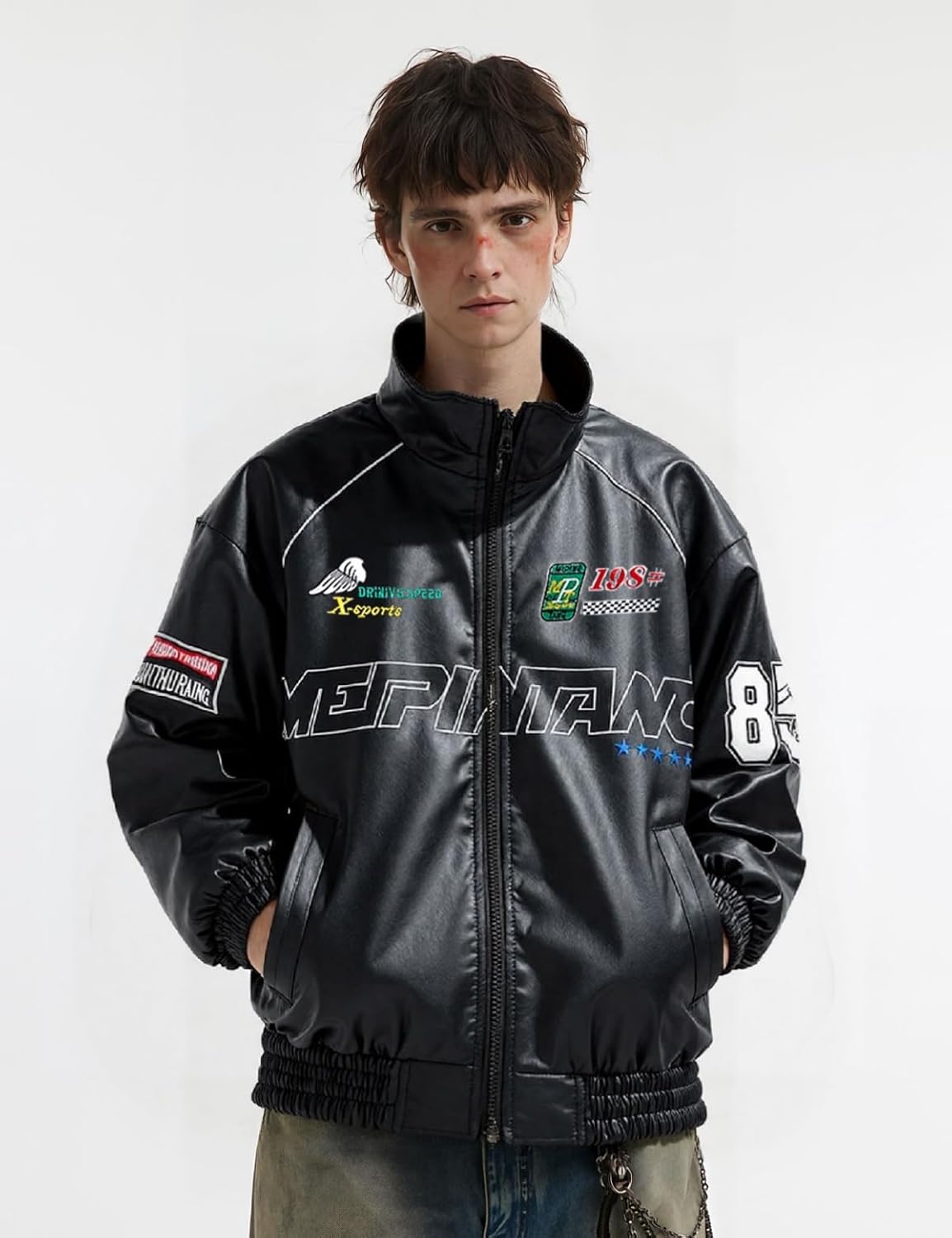 Fullneat Women’s Faux Leather Racing Jacket Oversized Moto Bomber Varsity Coat with Graphic Print Unisex Streetwear - Image 5