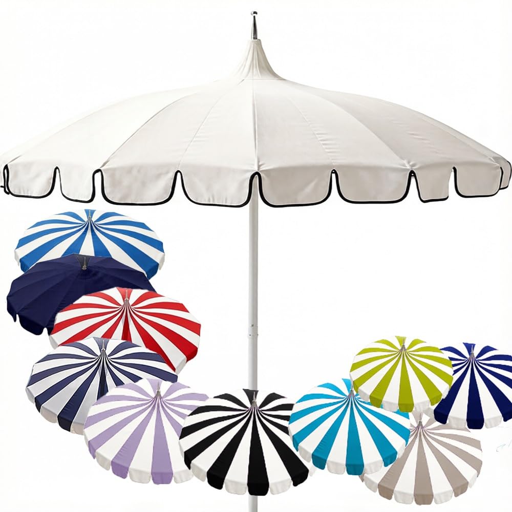 LARAKVEAKV Stripes Patio Pagoda Umbrella, 8ft Pool Umbrellas Market Table Umbrella, Outdoor Umbrellas For Deck Patio, 16 Fiberglass Ribs(Off-white)