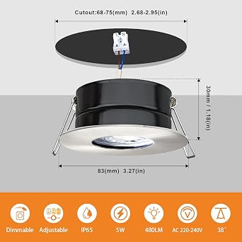 Sweier LED Downlights, 5W IP65 Bathroom Spotlights Dimmable 3000K/4000K/6000K, 480LM Nickel Recessed Ceiling Lights for Shower Cut Out Φ68-75mm Hole, 3 Pack [Energy Class E]