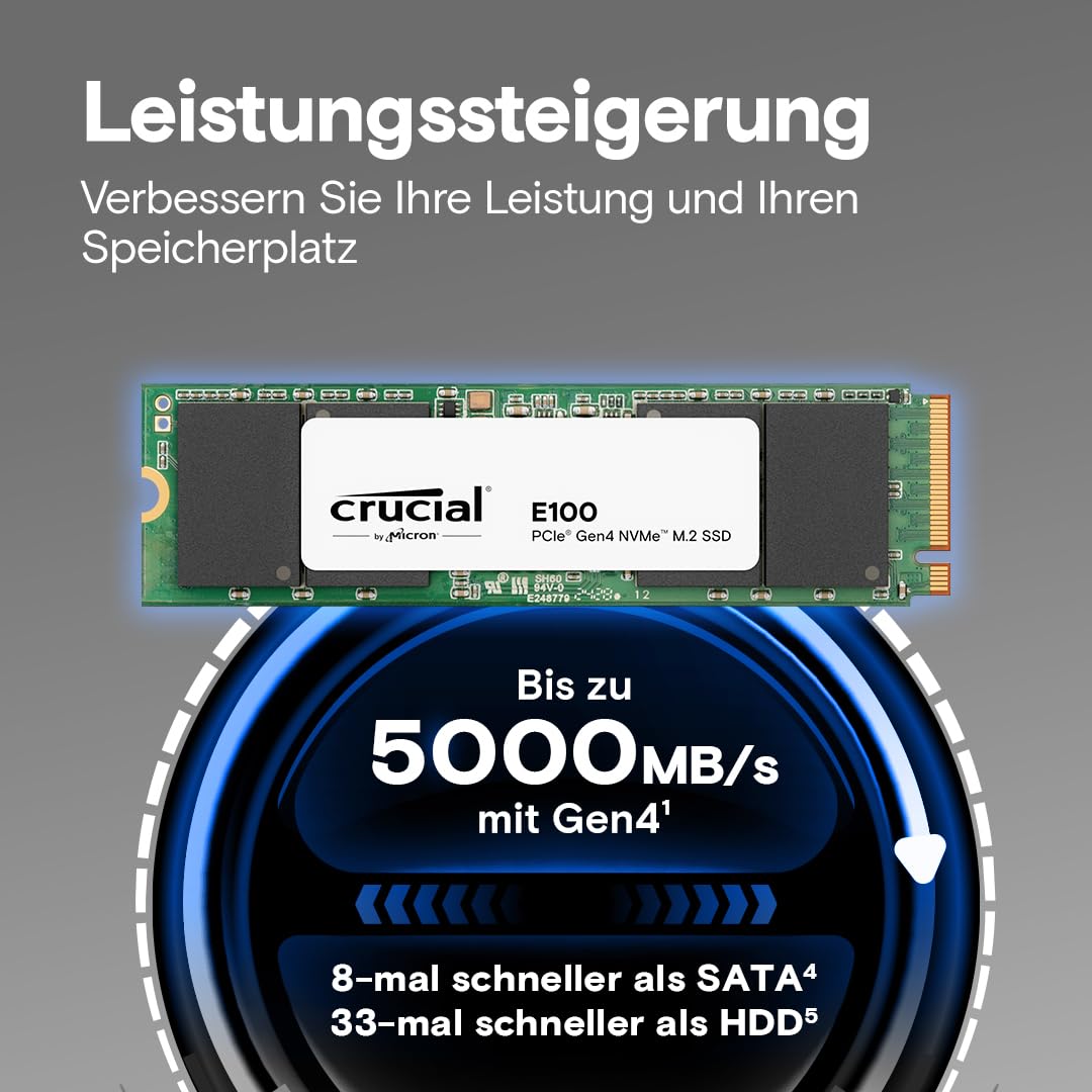 内蔵型SSD Crucial E100 1TB PCIe Gen4 NVMe M.2 SSD Crucial E100 1TB M.2 PCIe Gen4 NVMe Interne SSD, bis 5.000 MB/s