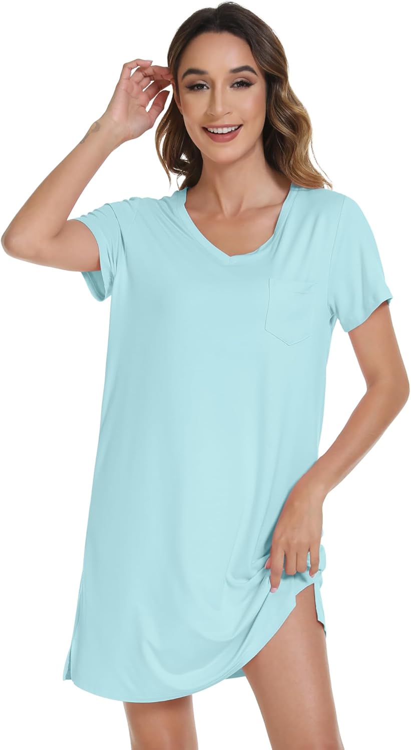 WiWi Nightgowns for Women Short Sleeve Sleepshirt Pajama Shirt Viscose from bamboo Soft Sleep Dress V-neck Nightshirt S-XXL - Image 3