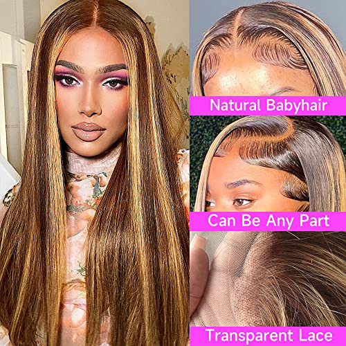 Highlight Ombre Lace Front Wig Human Hair 13X4 Hd Transparent 4/27 Honey Blonde Lace Frontal Wigs Pre Plucked With Baby Hair 150% Density Straight Lace Front Wigs Human Hair Colored 22 Inch #TOP6