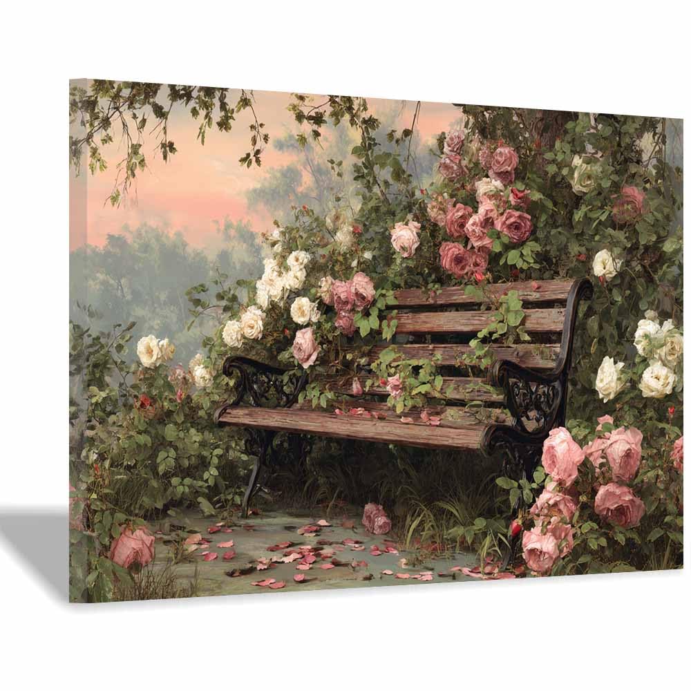 Xeniou Multicolor Flower Posters Vintage Ros Garden Bench Canvas Wall Art, For Living Room Bedroom Restaurant Home Office Wall Decoration(Multicolor)-70X100cm Framed