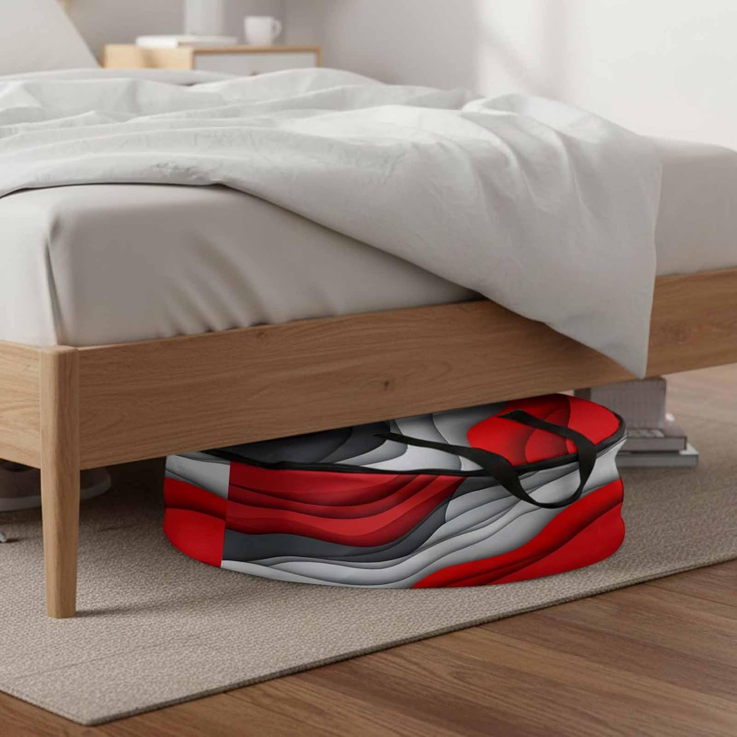 Red Grey Waves Round Storage Bag 36 Inch, Abstract Water Ripple Modern Gradient Clothes Storage Container with Handles Heavy Duty Organizer for Comforter, Bedding & Holiday Wreaths