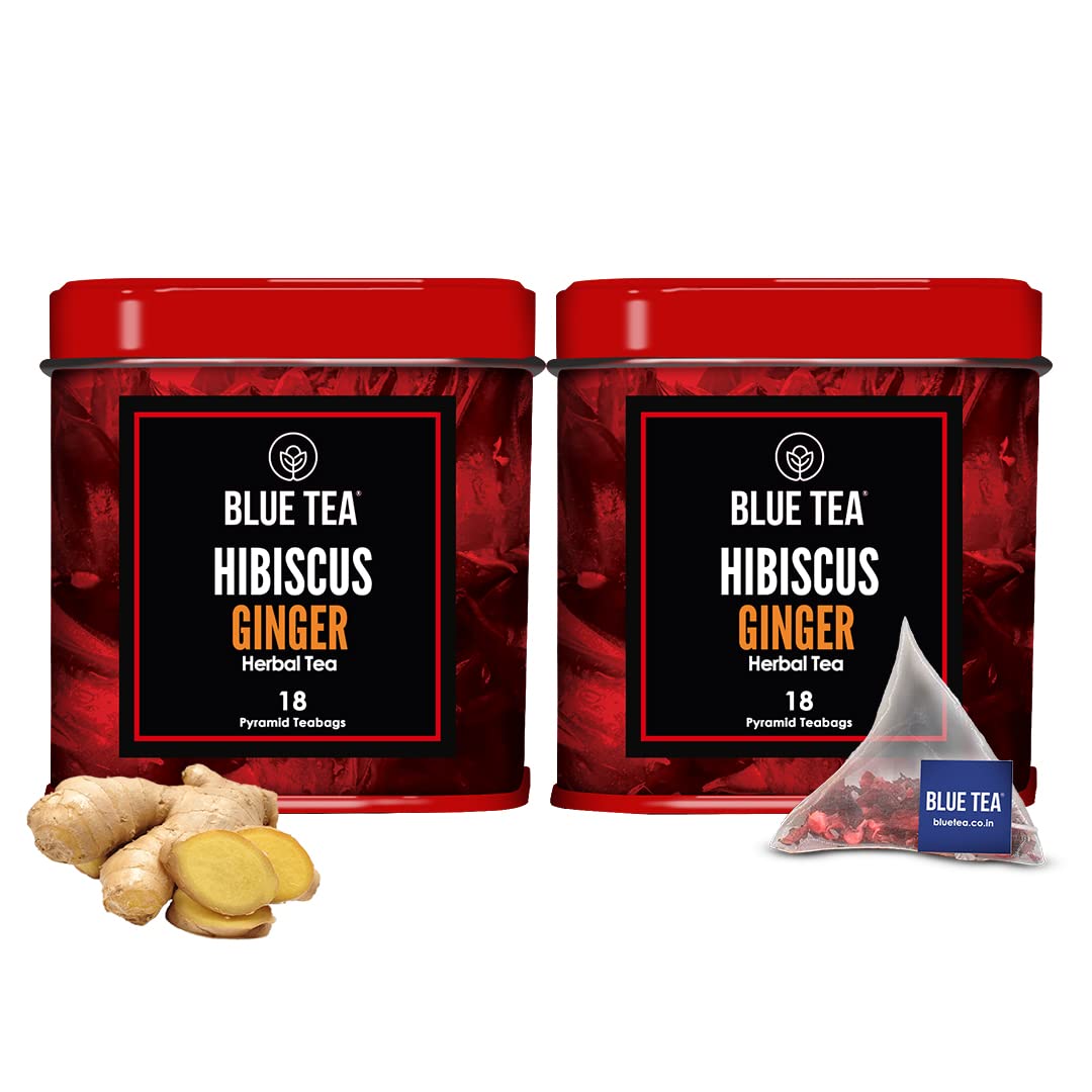BLUE TEA - Hibiscus Tea - 18 Count (Pack of 2) - Ginger - Pyramid Plant Based Tea Bag | HERBAL TEA || Skin Glow Enhancing Tea | Tangy & Spicy - Flower Based - Caffeine Free - Vegan - Gluten Free | Tin Pack