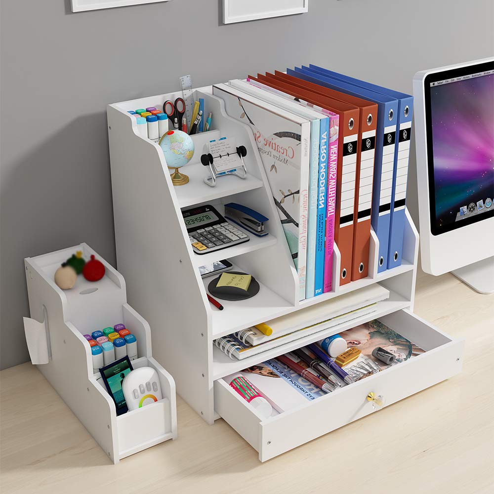 Schreibtisch-Organizer mit Stiftehalter und Schublade, Mehrzweck-Dokumentenablage, Schreibtischaufsatz, Aufbewahrungsregal, für Zuhause, Büro, Schule. Weiß (PB04)