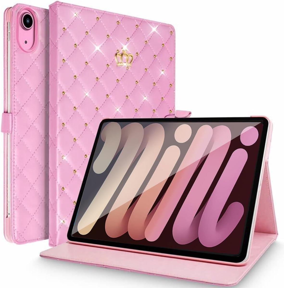 Case for iPad mini 7 (A17 Pro) 2024 / iPad mini 6 2021, Shockproof Durable Protection Auto Wake/Sleep Elegant PU Leather Crown Cute Diamond Kickstand Smart Cover (Pink)