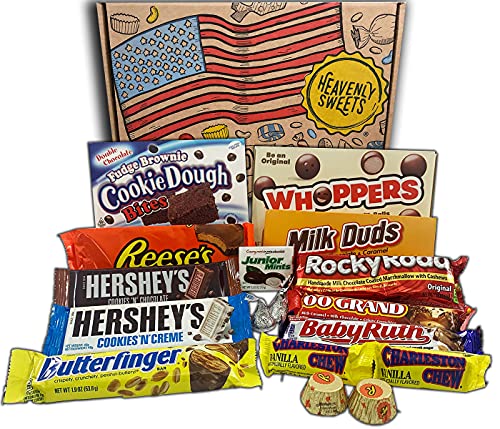 Heavenly Cesta de Dulces y Chocolate Americanos - Set de Marcas Clsicas de USA, Surtidos Originales, Regalo Perfecto para Nios, Adulto - Cumpleaos, Navidad - 17 Dulces, paquete de 28x19x4cm