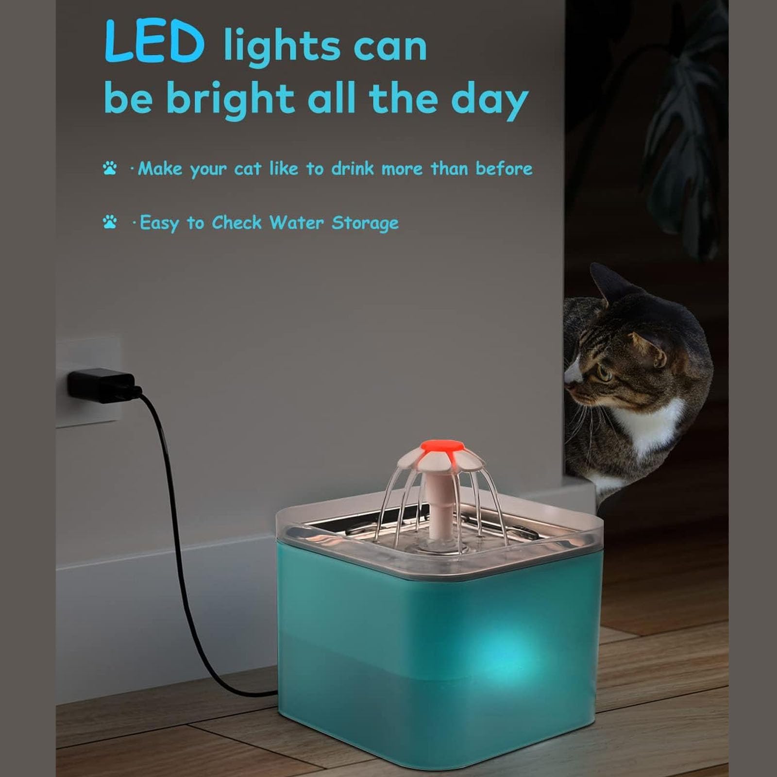 Fuente De Agua para Gatos De Acero Inoxidable, 3 L, Súper Silenciosa, Inteligente, con Luz LED, Fácil De Montar Y Limpiar,Verde