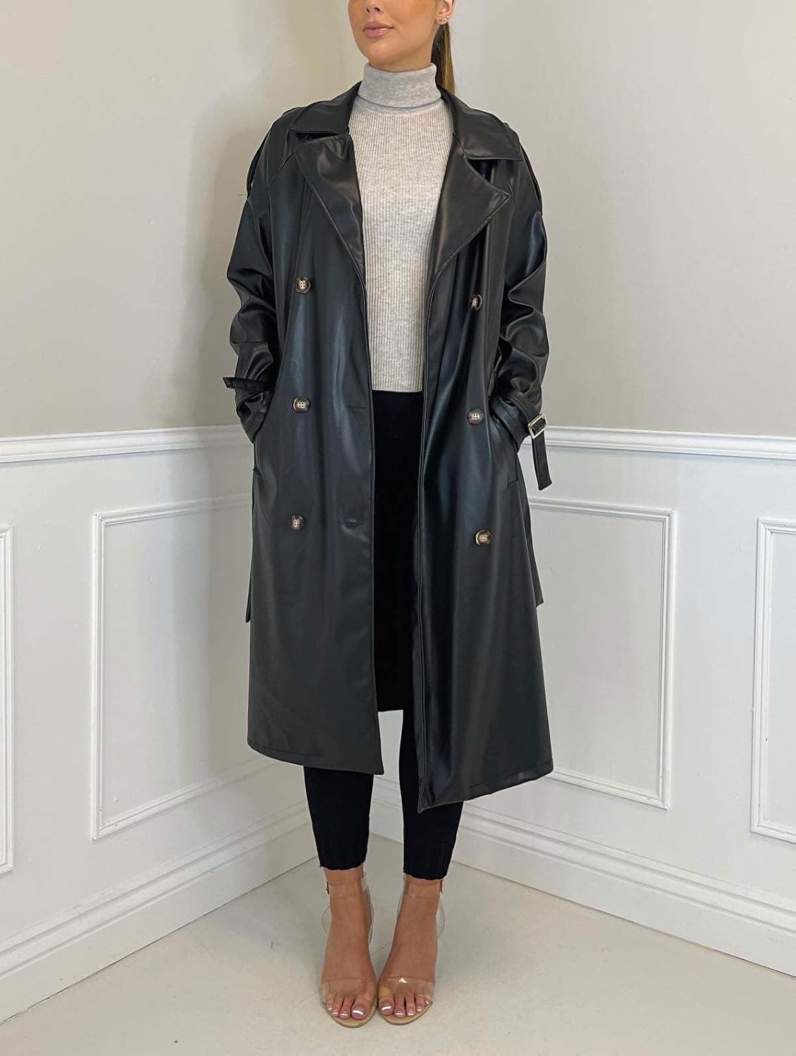 chouyatou Women's Faux Leather Trench Coat Lapel Double Breasted Pu Leather Long Jacket with Belt