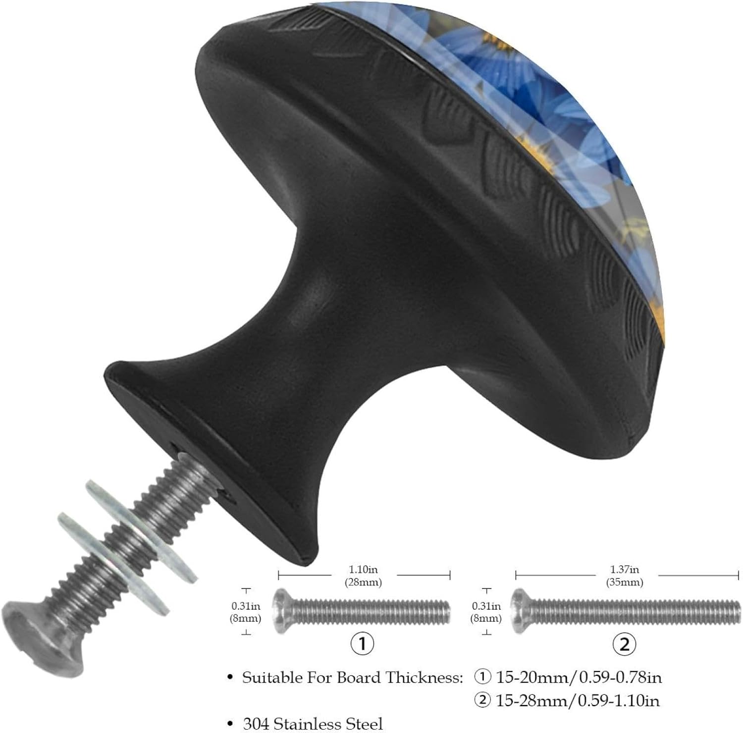 Black Blue Flower and Yellow Floral (3) Printed Drawer Pulls, Sturdy Cabinet Knobs for Bedroom Furniture and Closet