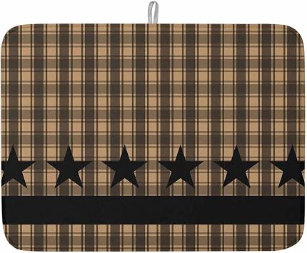 Retro Country Star Dish Drying Mat for Kitchen Counter, Brown Black Buffalo Plaid Baby Bottle Microfiber Drying Pad, Absorbent Coffee Cup Dishes Drainer Mats 16"x18"