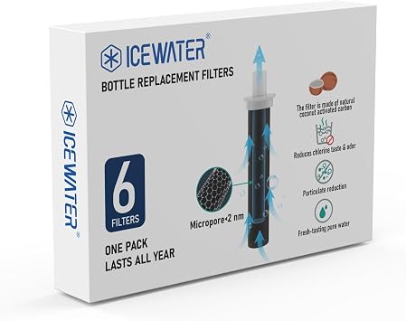 ICEWATER Water Bottle Replacement Filters, 6 Pack, Natural Coconut Activated Carbon Filter, BPA-Free, Each Filter Lasts 2 Months / 40 Gallons, 1 Full Year Supply