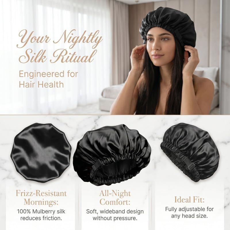 100% Mulberry Silk Bonnet for Sleeping Women, Double Layer Silk Sleep Cap with Adjustable Elastic Band, Stay On All Night
