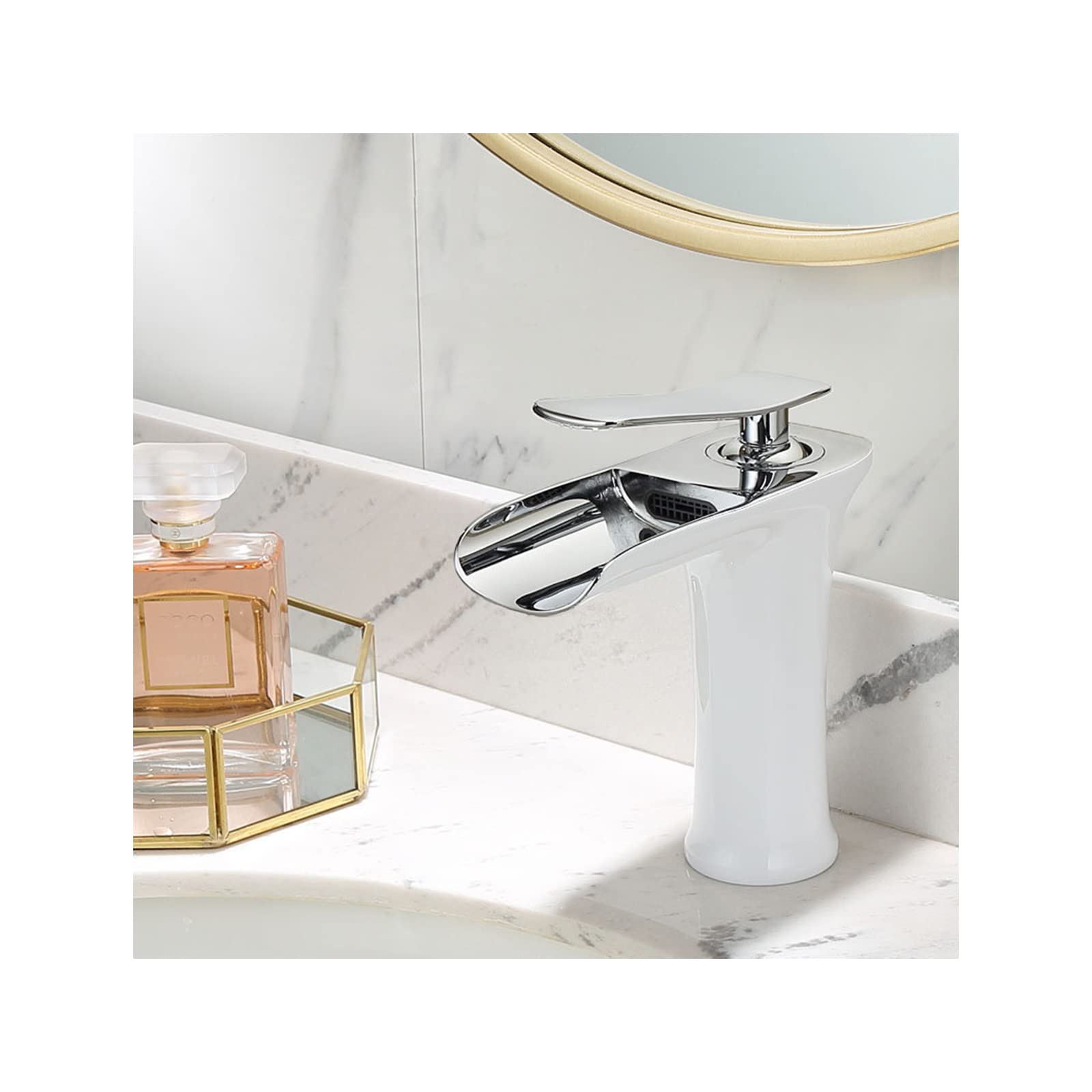 Grifo de baño Grifo de Lavabo de baño de latón Grifo Monomando para Lavabo en Cascada Grifo de Lavabo de Agua fría y Caliente Grifo de Lavabo de un Solo Orificio Montaje en Cubierta, Negro