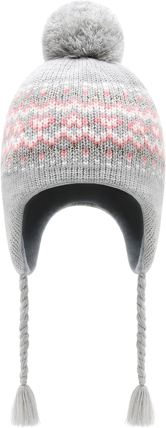Winter Peruvian Hat Earflap Fleece Lined Pompon Knit Hat Beanie for 3-10T Baby Girls - Image 2
