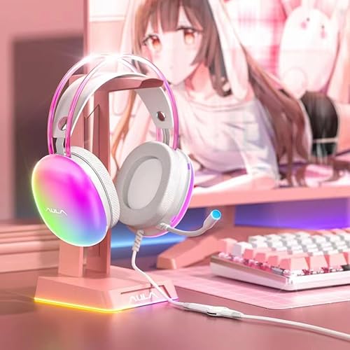 Miniatura 9 de AULA Auriculares USB para juegos con micrófono para PC, auriculares retroiluminados RGB arcoíris, sonido envolvente virtual 7.1, controlador de