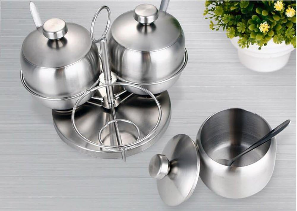 Rotary Stainless Steel Spice Jar Condiment Pots Seasoning Containers for Salt Pepper Sugar Storage Organizers with Spice Rack, Set of 3