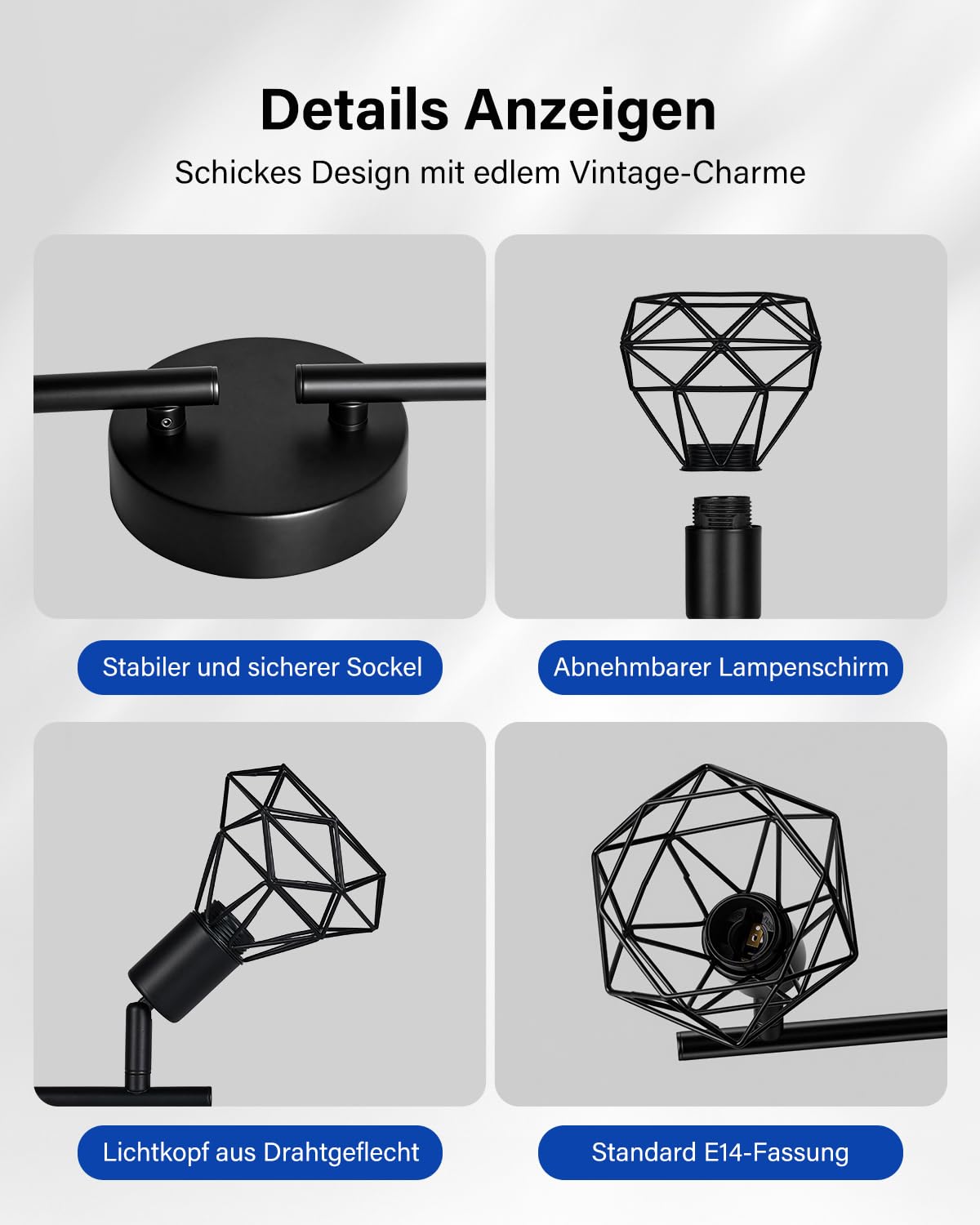 Leselux Deckenstrahler 4 Flammig E14, Deckenlampe Spot Schwenkbar Schwarz | Vintage Deckenleuchte Strahler Schwenkbar 350°, Metall Deckenspots Wandstrahler für Flur Büro Schlafzimmer, Ohne Leuchtmittel