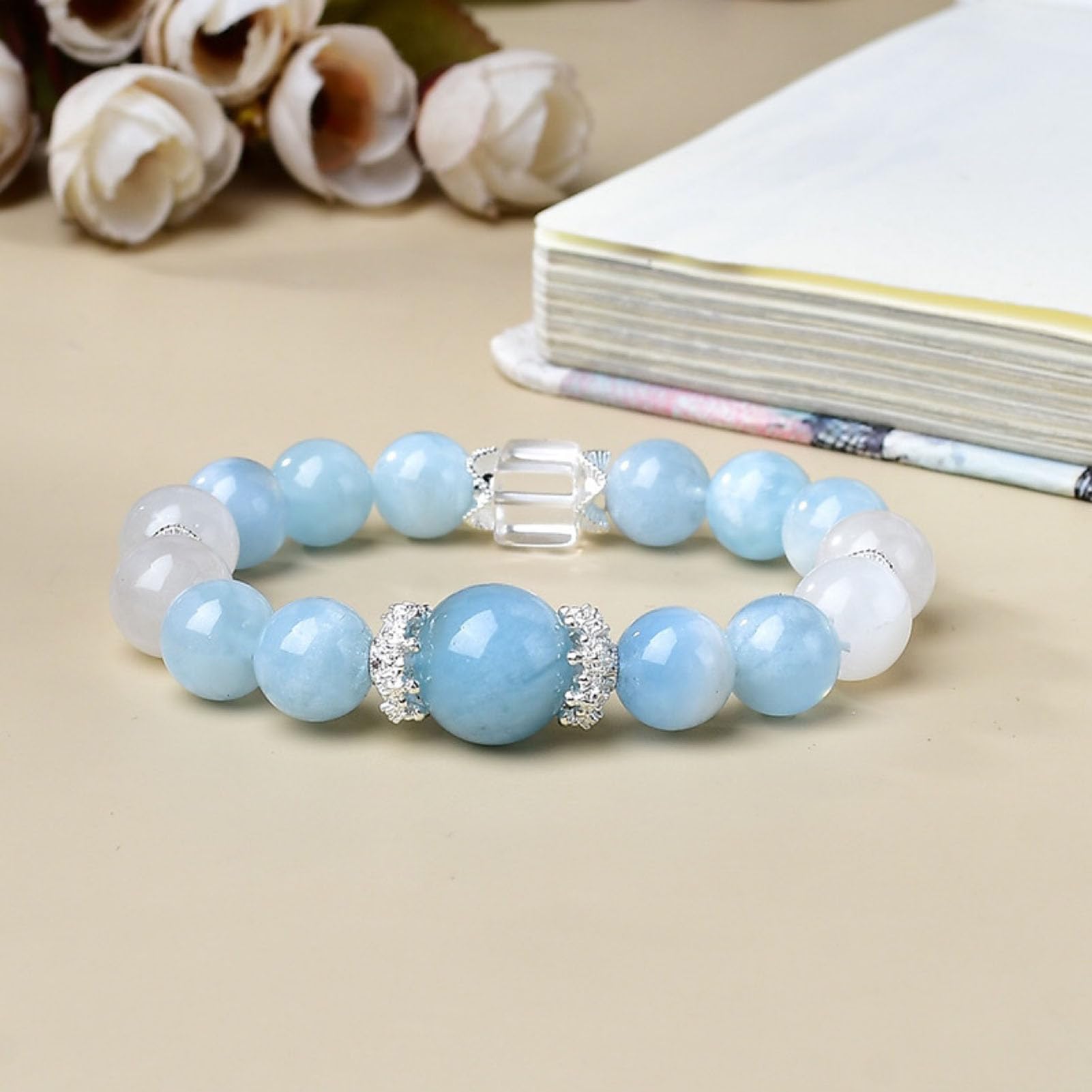 Bracciale naturale con pietra preziosa acquamarina, perline di pietra lisce | Bracciale per meditazione Reiki, gioielli con perline in pietra naturale, perline rotonde lisce in pietre preziose