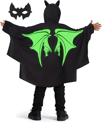 Latocos Kids Boys Glowing Bat Wings Halloween Costume Girls Toddler Vampire Costume Black Wings Mask Dress Up Accessories