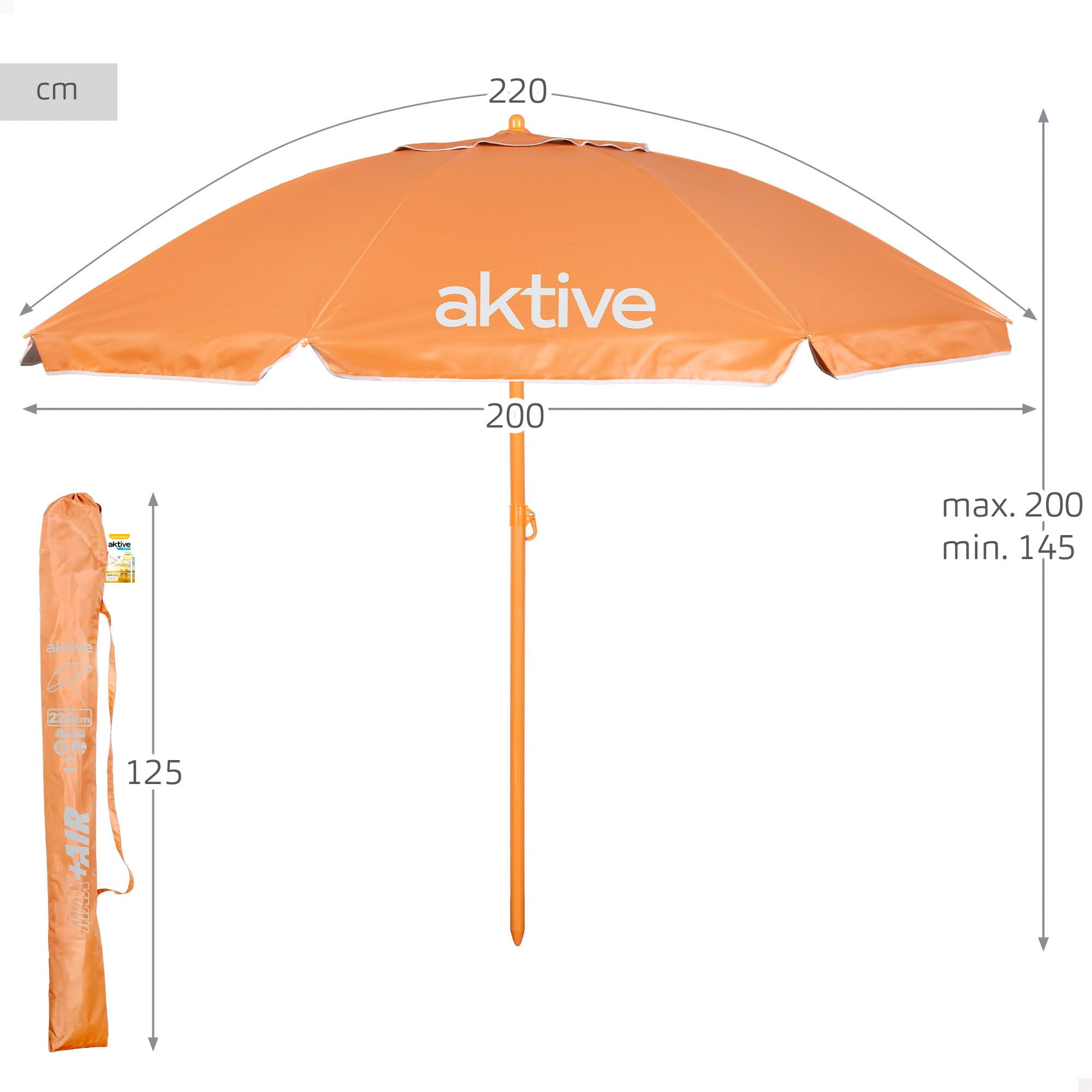 AKTIVE BEACH Ombrellone da spiaggia inclinabile D220 cm, Arancione, con protezione UV50, 8 aste, Materiale oxford, con ventilazione, per esterno (62483)