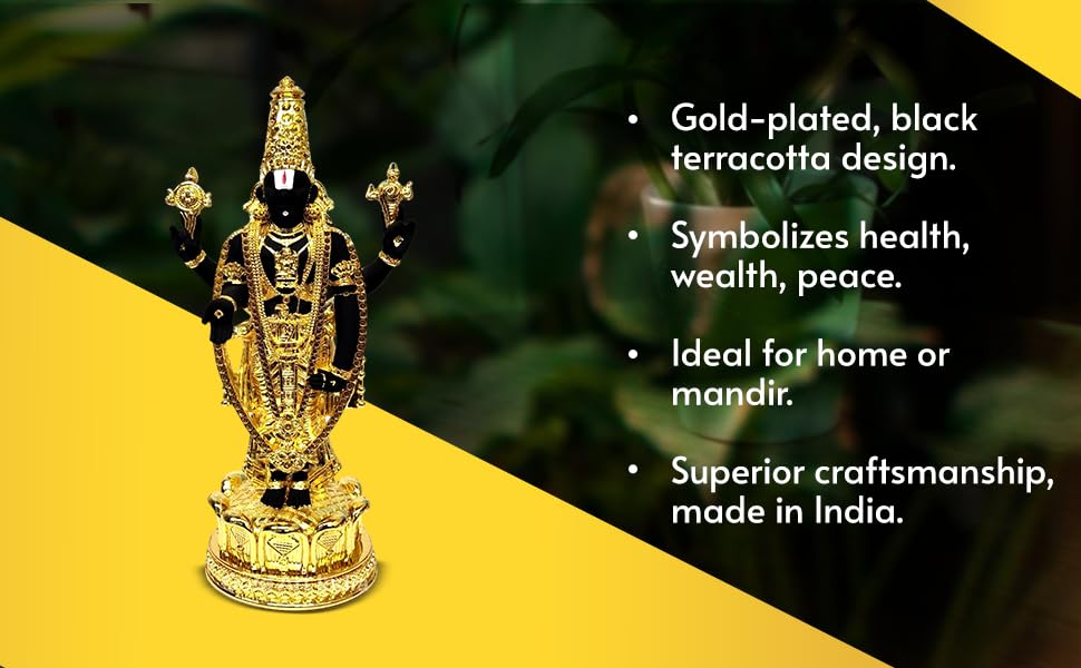 Image of Gold Art India Lord Tirupati Balaji Idol Murti for Mandir | Pooja Room Lord Vishnu Shree Venkateswara Swamy Statue God Balaji Home Decor Showpiece for Gift Living Room (Gold Plated Black Terracotta)