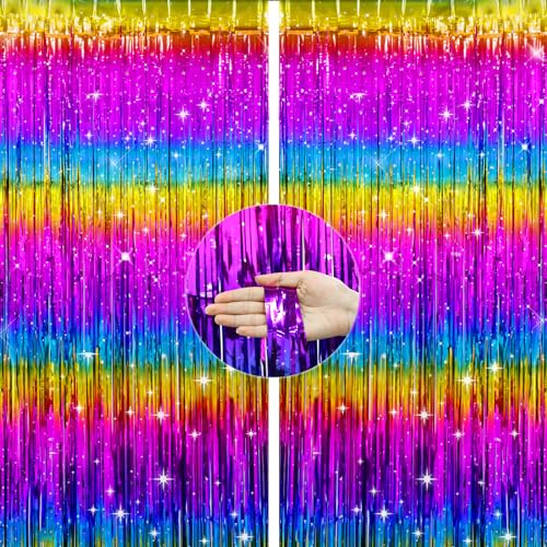 G2plus Cortina Decoracion Fiesta 2pcs Fondo Foil Fringe Curtain Decoración De Cortinas De Lluvia Para La Decoración Fotográfica De La Fiesta De Cumpleaños Del Festival Multicolor, 1 X 2 M