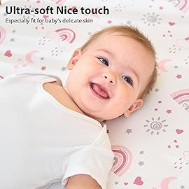 FIEMOL Baby Mini Crib Sheets Girl, Portable 38x26 Pack and Play Sheets Fitted for Playard and Pack N Play Mattress, 3-Pack Soft Microfiber Pink Rainbow