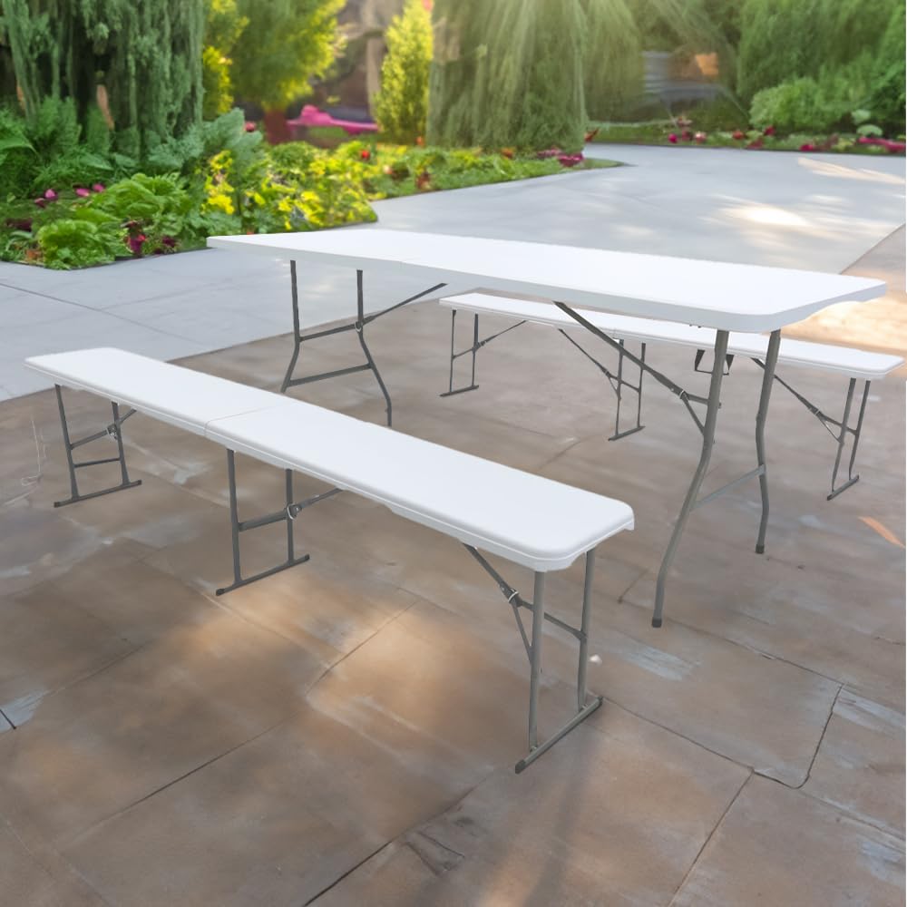 Set Da 3 Pezzi Tavolo + 2 Panche Pieghevoli Set Birreria Struttura Acciaio Impermeabile Uv Resistente Interno Esterno 180 Cm XXL 6/8 Per Feste Sagre Posti Maniglie Per Trasporto Giardino Campeggio