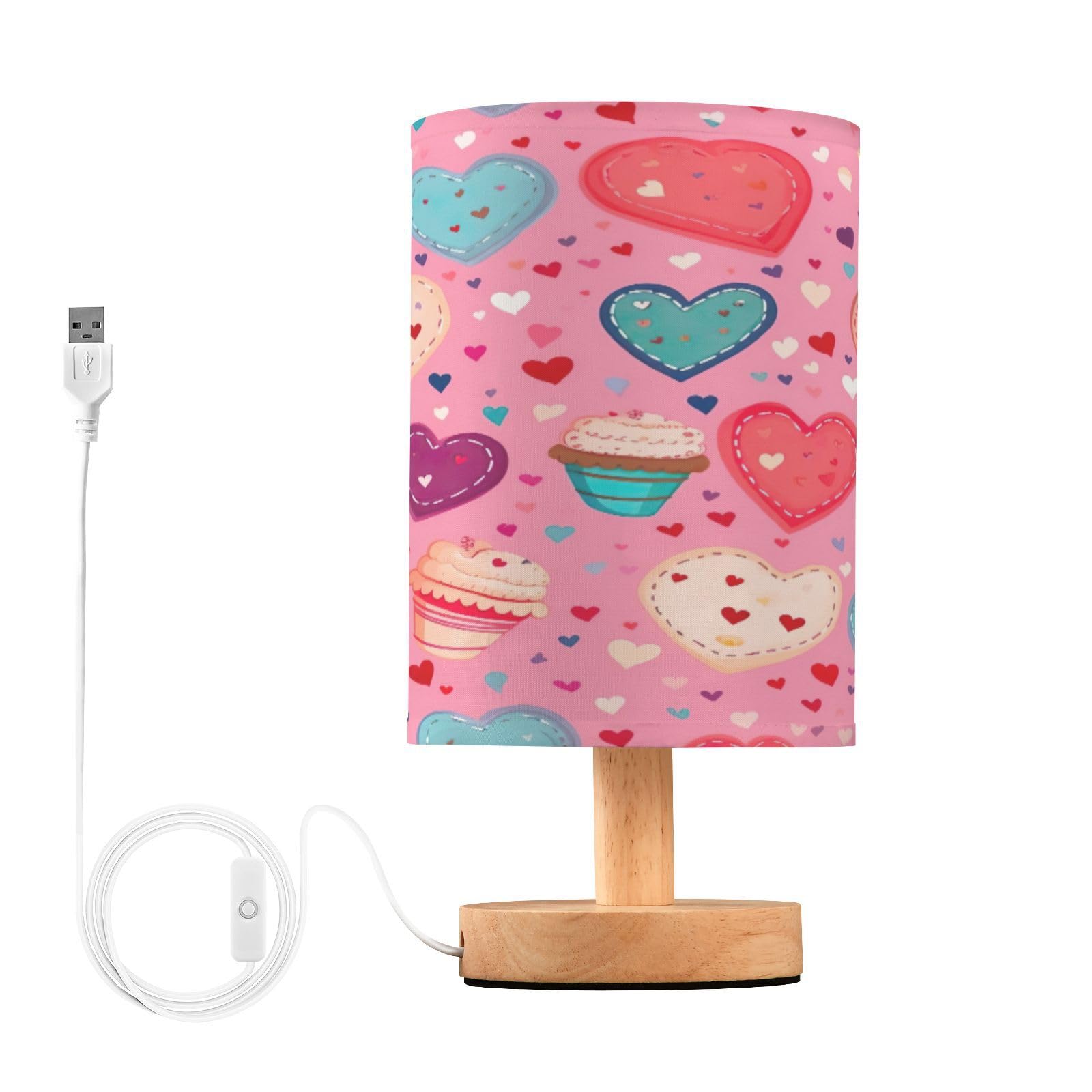 SDMKA Valentine Pattern Bedside Table Lamp for Bedroom, Minimalist Nightstand Lamp with Round Fabric Shade for Living Room, Office, No Bulb Required