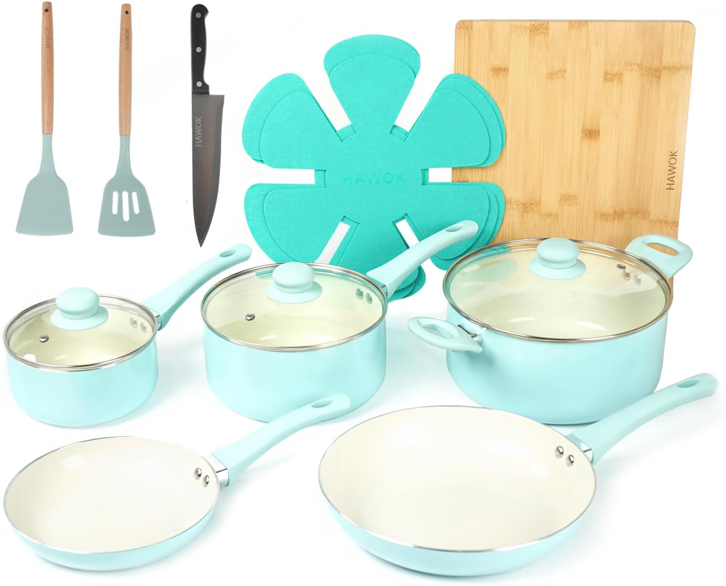 HAWOK Kitchen Ceramic Non-stick coating Induction Cookware Sets - 15 Piece pressed Aluminum Pots and Frying Sauce Pans Set with BAKELITE Handles and Glass Lids, PFAS-Free