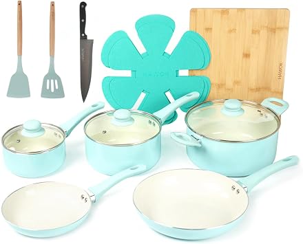 HAWOK Kitchen Ceramic Non-stick coating Induction Cookware Sets - 15 Piece pressed Aluminum Pots and Frying Sauce Pans Set with BAKELITE Handles and Glass Lids, PFAS-Free