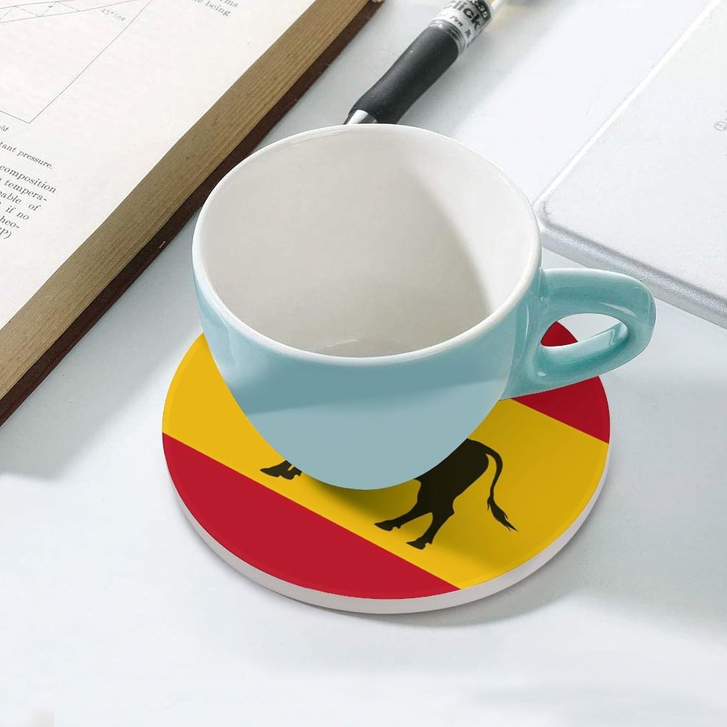 Spanish Bull Round Ceramic Coasters Print Drinks Absorbent with Cork Base for Home Decor Gifts 4 Inch