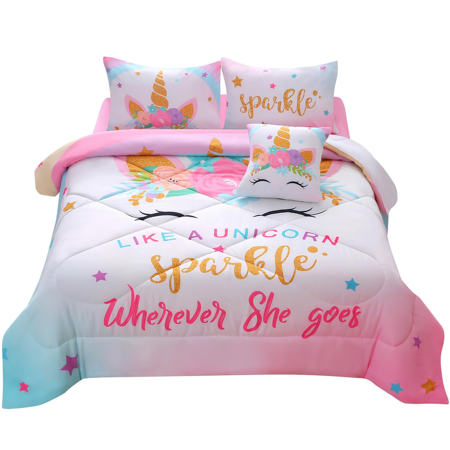 JQinHome Unicorn Twin Bedding Sets for Girls Kids,6 Piece Bed in A Bag 3D Colorful Flower Girl Unicorn Comforter Set with Sheet Set(Sparkle)