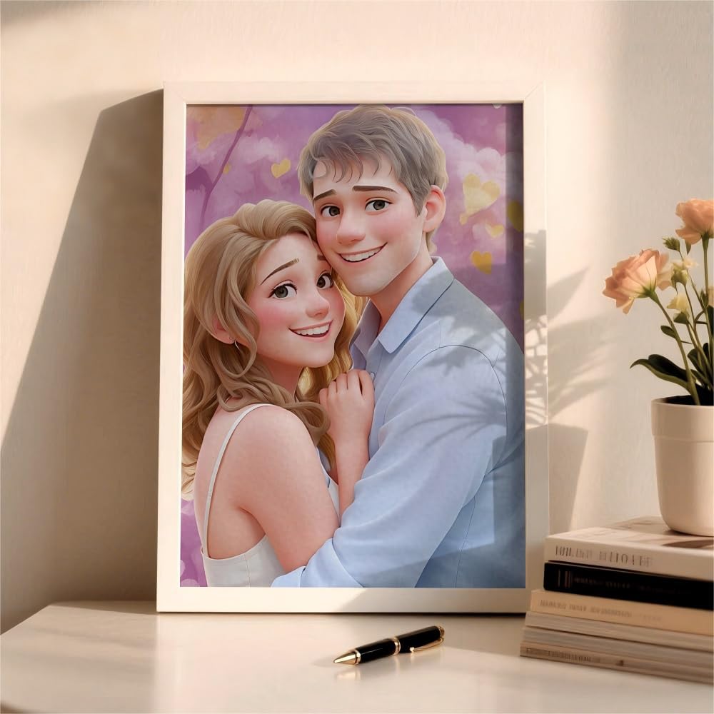Personalised Cartoon Portrait Wooden Frame – Custom Cartoon Photo Plaque with Name, Hand-Drawn Family or Couple Wall Art, Romantic Gift for Anniversary, Birthday, or Home Décor