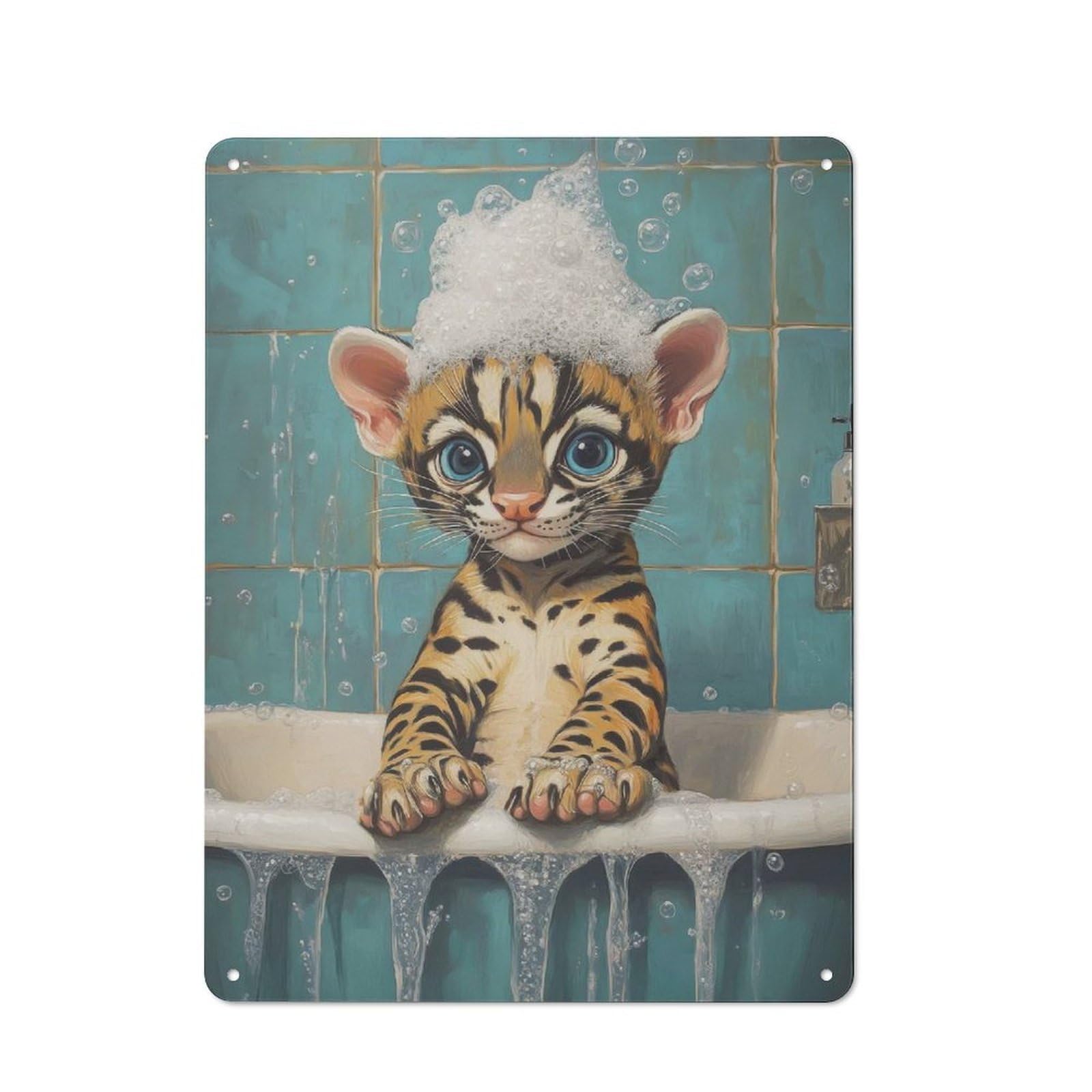 Junmoney Style-7 Bengal Kitten Bath Time Retro Metal Wall Decor 40X30cm, Metal Sign For Pub, Home Bar, Shed Or Man Cave, For Relaxed Wall Styling