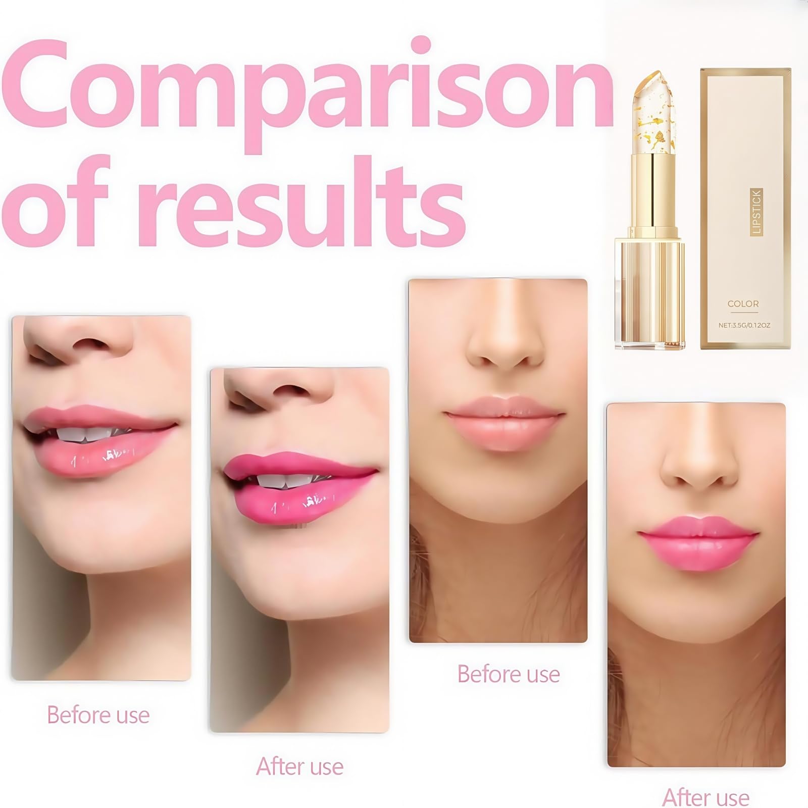 Transfer-Proof Color Changing Lipstick with Gold Foil,Transparente Transferproof Gold Crystal Color Changing Lip Stick,24h Long-Lasting Hydration & Glossy Shine Lip Gloss,Colour Changing Lipstick - Image 2