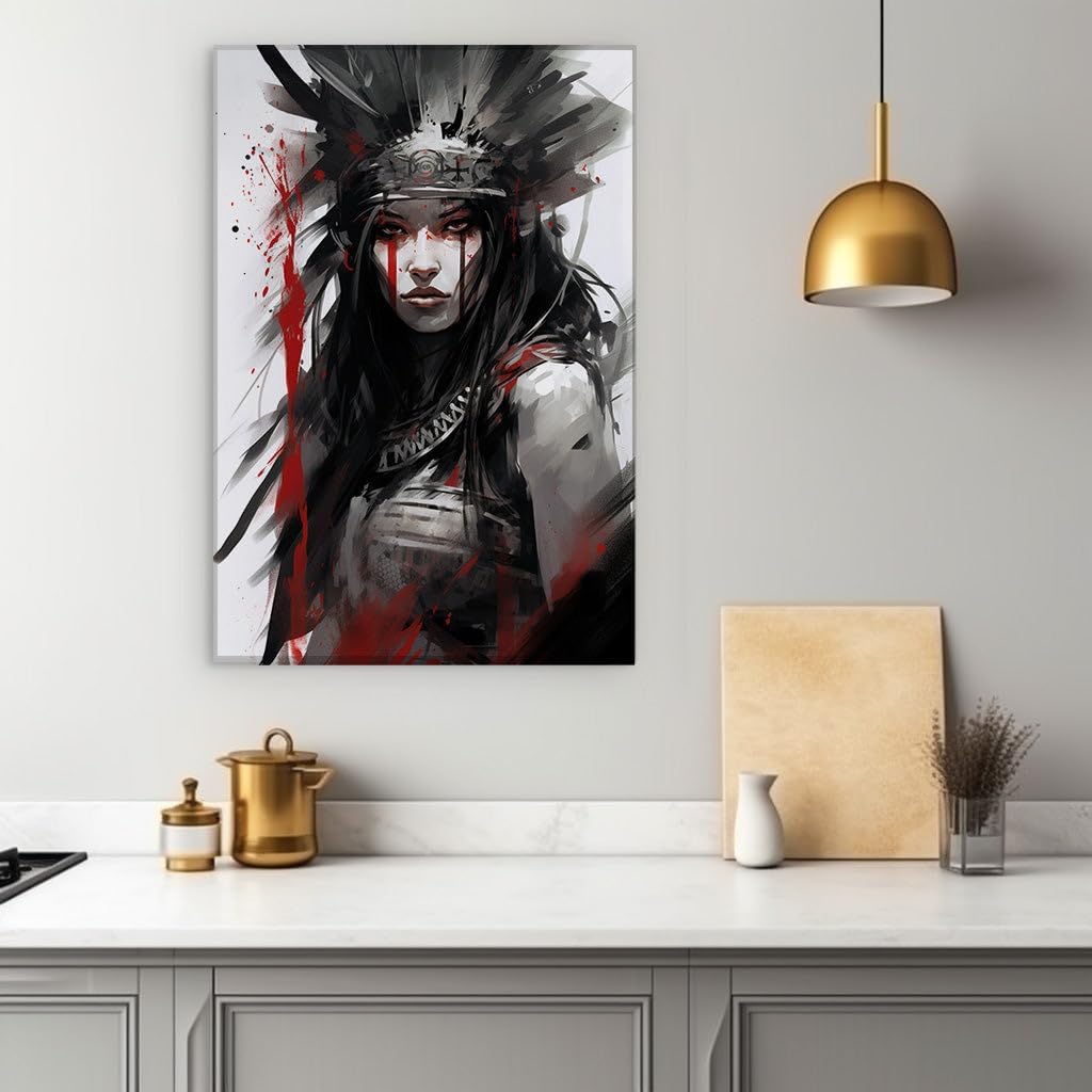 Canvas for Living room. Gaze of Resilience: The Intensity and Tradition of a Digitally Painted Apache Woman, 27 x 18 inch Canvas Wall Art - Contemporary Masterpieces - Modern Home Decor