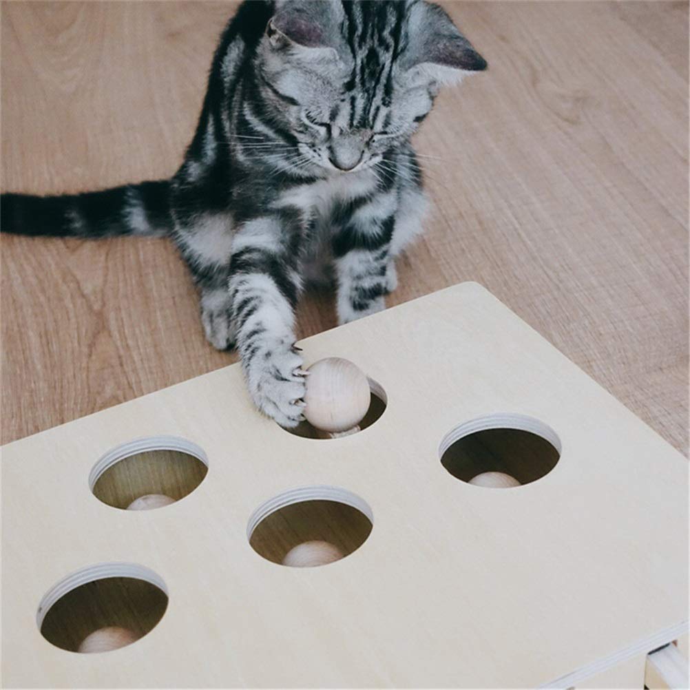 MU Gato Caza Juguete Chase Ratón Sólido Madera Interactiva Laberinto Mascota Hamster con 3/5-Holed Mouse Agujero Captura Mordedura Catnip Divertido Juguete,5 Hoyos
